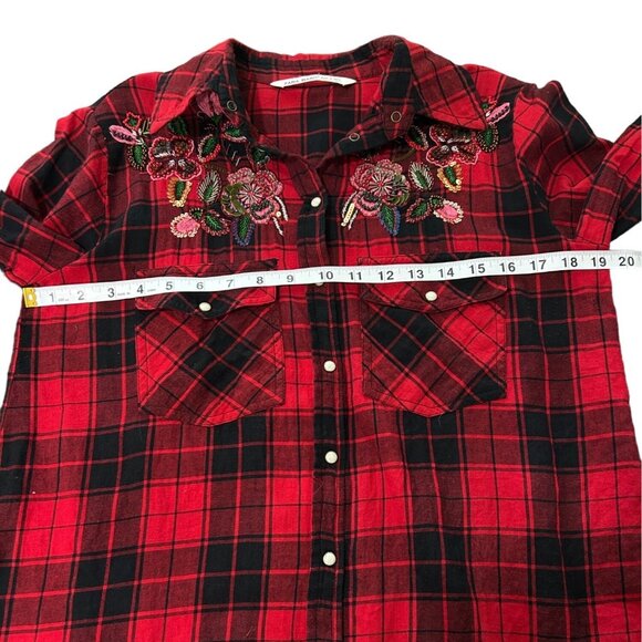 Zara Basic Women's Size M Top Red Plaid Embroidered Beaded Button Up Shirt - Picture 5 of 6